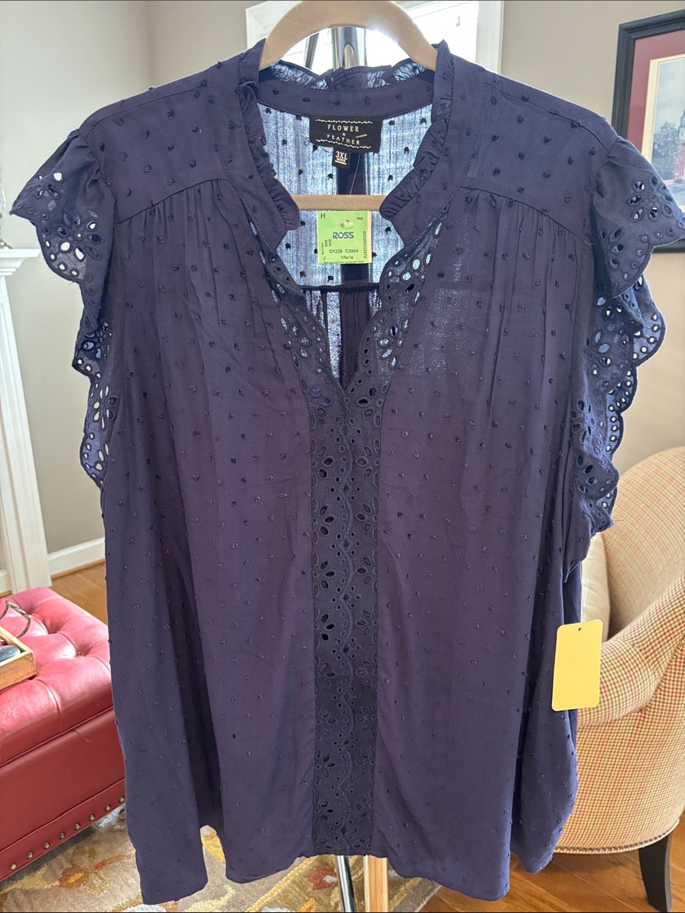 NWT Navy Eyelet Flutter Sleeve Blouse